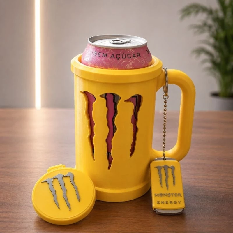 Kit Porta Lata Monster Energy com Alça + Tampa + Chaveiro Abridor | Suporte Térmico Energético - Imagem 2