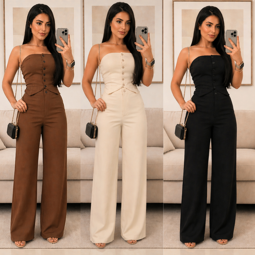 Conjunto Alfaiataria Cropped Tomara que Caia Social Elegante Calça Pantalona Blusa Elástico Lastex Botão Verão Moda