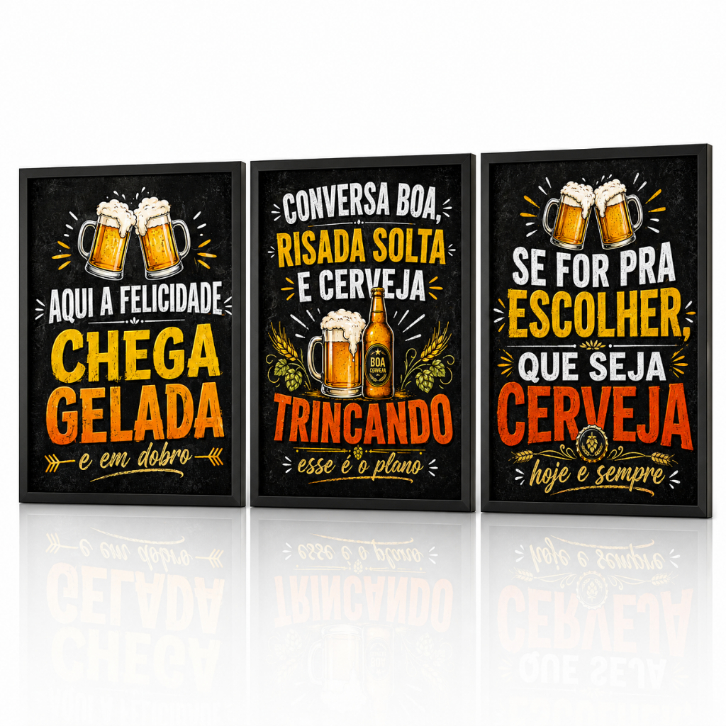 Kit 3 Quadros Decorativos Cerveja Área Gourmet Bar Churrasqueira Frases Engraçadas