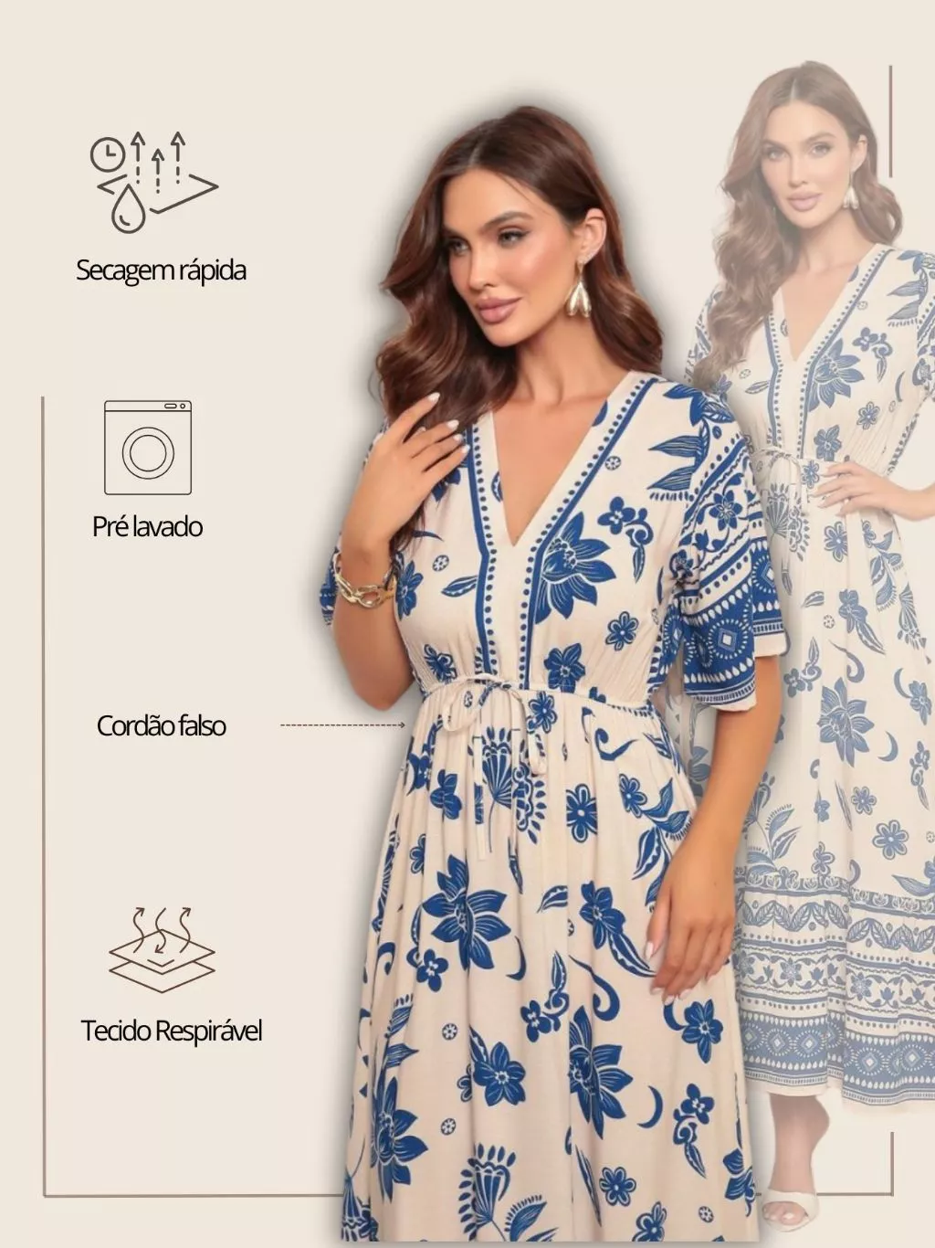 Vestido Longo Estampado Inspiração Penol Moda Feminina com Decote V para Verão