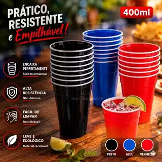 COPO AMERICANO 400ml BERR PONG / 25 e 50 unididades VERMELHO PRETO AZUL.