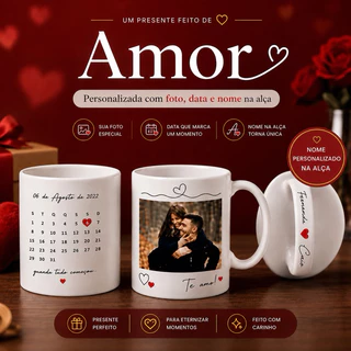 Caneca Personalizada Casal com Foto e Nome | Com Nome na Alça