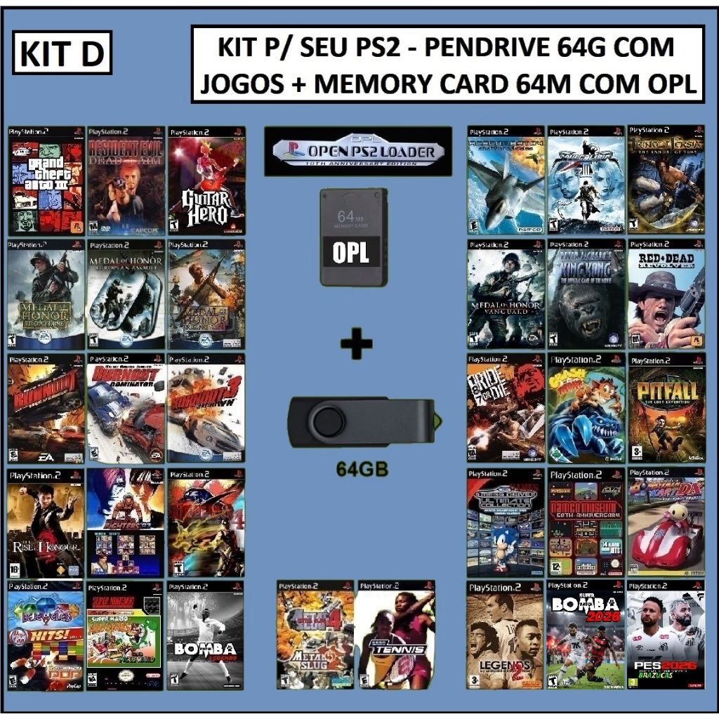 KIT OPL - Pendrive com jogos de ps2 + Memory card 64M OPL | Shopee Brasil