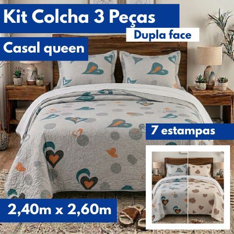 Kit Colcha Cobre Leito Casal Dupla Face 3 Peças Matelado Ultrassônico 2,40mX2,60m