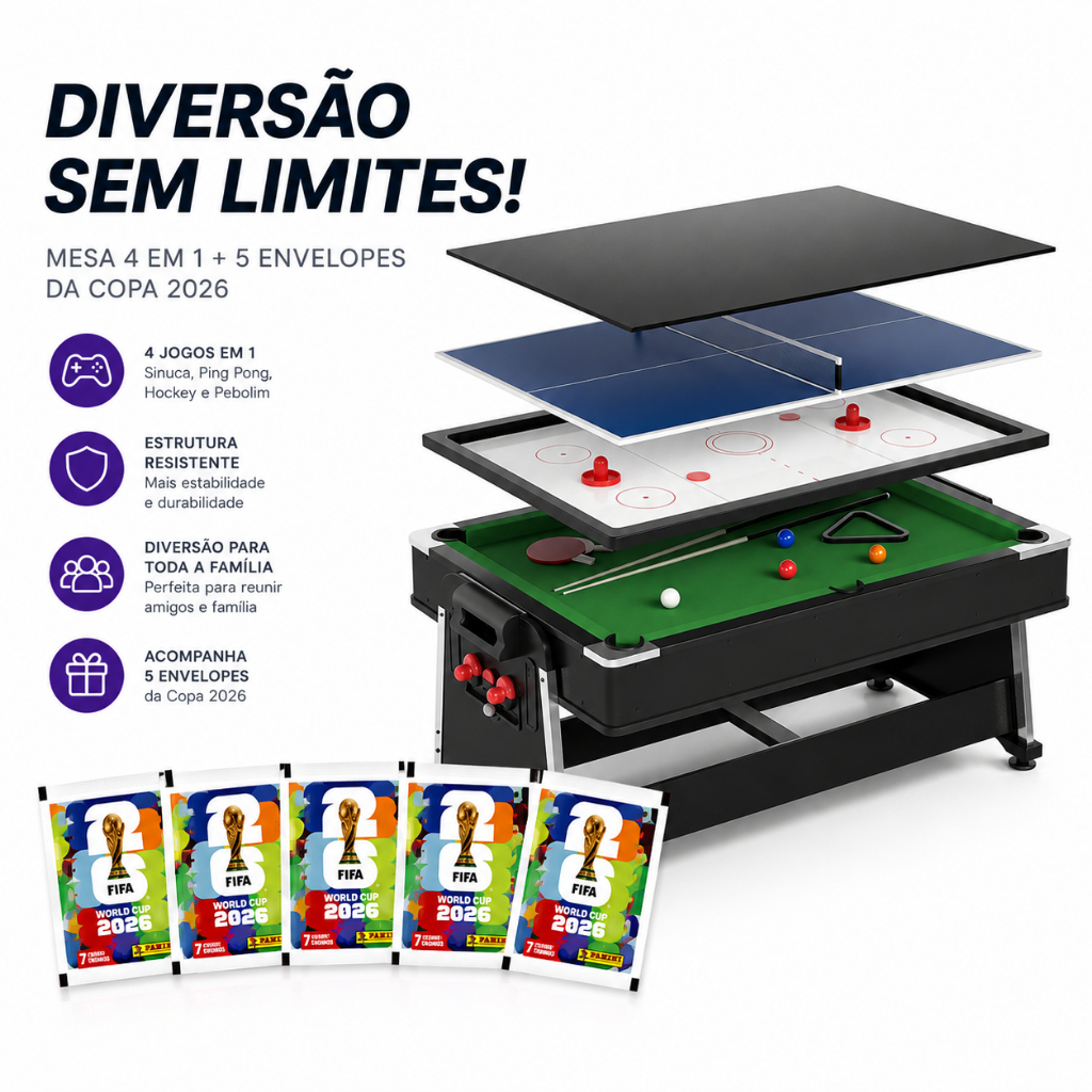 Mesa Multijogos 4 em 1 210cm Completa Air Hockey 220V Sinuca Ping