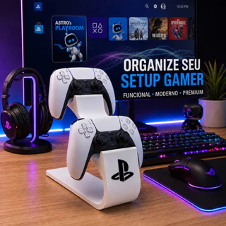 Suporte Para 2 Controles PS5 PS4 Organizador Gamer Base 3D Premium Preto e Branco