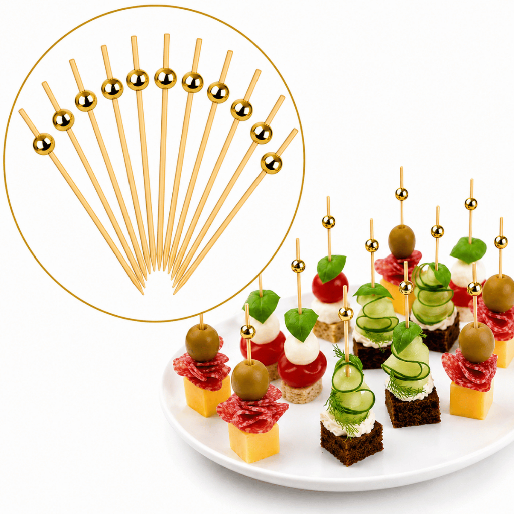 Kit 100 Palitos Espetos Decorativo Bolinha Dourada Petisco12cm Perola