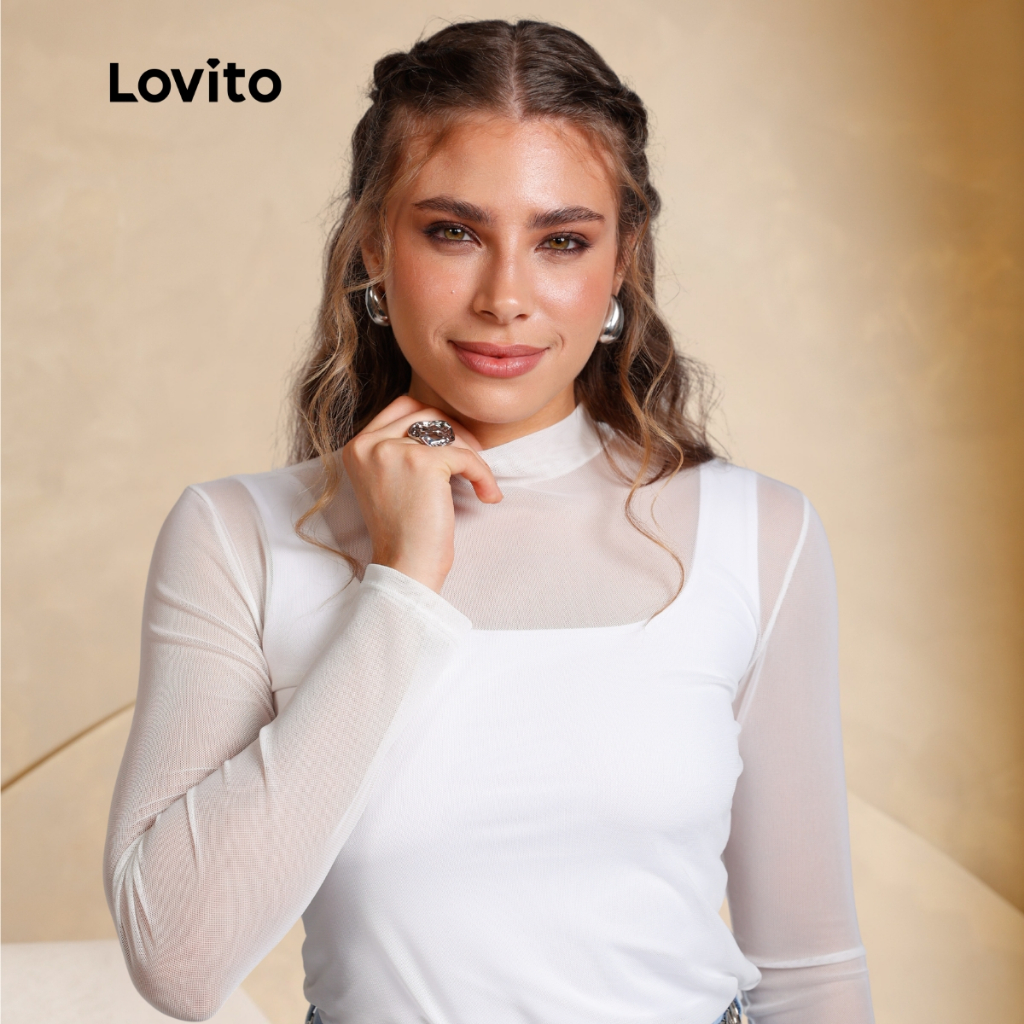 Lovito Blusa Casual Feminina de Tule Manga Longa Moda Mulher
