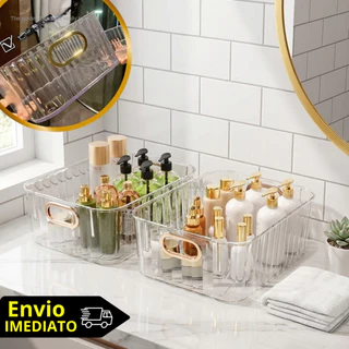 Kit 2 Caixas Organizadoras Transparentes Decorativas Alça Dourada Multiuso Banheiro Cosméticos