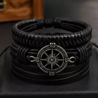 Pulseira Masculina Bússola Trança Social Tiras Kit 3 Peças