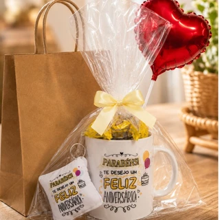 kit cesta com Caneca xícara de porcelana presente com balão + bombons e sacola pronta p presentear