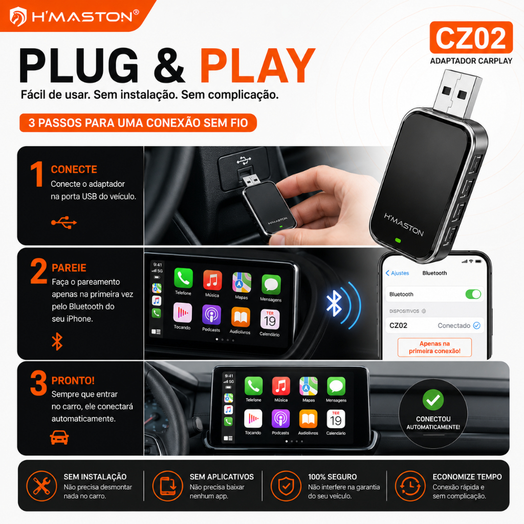 Adaptador CarPlay Wireless Sem Fio Bluetooth 5.0 USB Conversor