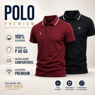 KIT 2 POLO MASCULINA BÁSICA PREMIUM ALGODÃO CASUAL CONFORTAVÉL VARIAS CORES MASCULINO