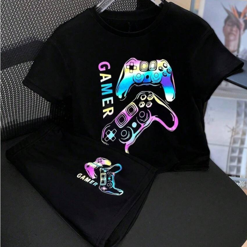 Conjunto Infantil Masculino Gamer Camiseta e Short Estampado Controle Colorido Neon