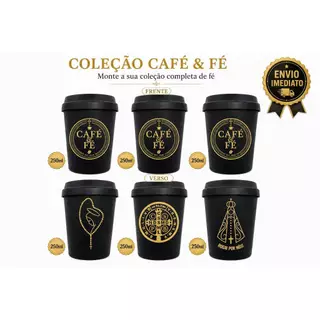 Kit Copo Personalizado Café & Fé 250ml Terço, Medalha de São Bento, Nossa Senhora Presente Religioso Igreja Católico