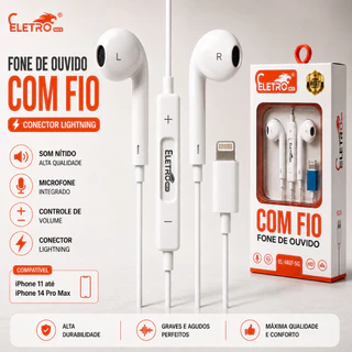Fone de Ouvido com Fio para iPhone Lightning Com Microfone Original Eletromex 8 11 12 13 14 Pro Max