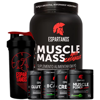 Kit Muscle Mass 1,8kg + BCAA + Creatina + Glutamina + Pré Treino + Coqueteleira - Espartanos