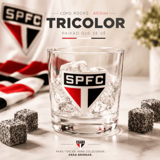 Copo Rocks São Paulo + 4 Cubos de Pedra Copo de Whisky 400ml Copo Baixo Drinks Bebidas Bar Tricolor