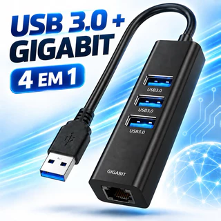 Hub USB 3.0 4 em 1 com 3 Portas USB e Adaptador de Rede RJ45 Gigabit 1000Mbps para PC Notebook