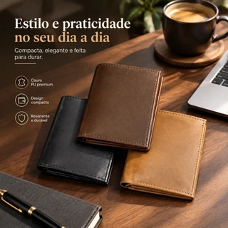 Carteira Masculina PU Couro Sintético Porta Cartões RG CPF Compacta Resistente 3 Cores