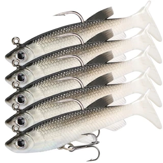 Kit 5 Iscas Artificiais Soft Bait Silicone Peixinho Shad Para Pesca Tucunaré Traíra Corvina Robalo Dourado Anzol JigHead
