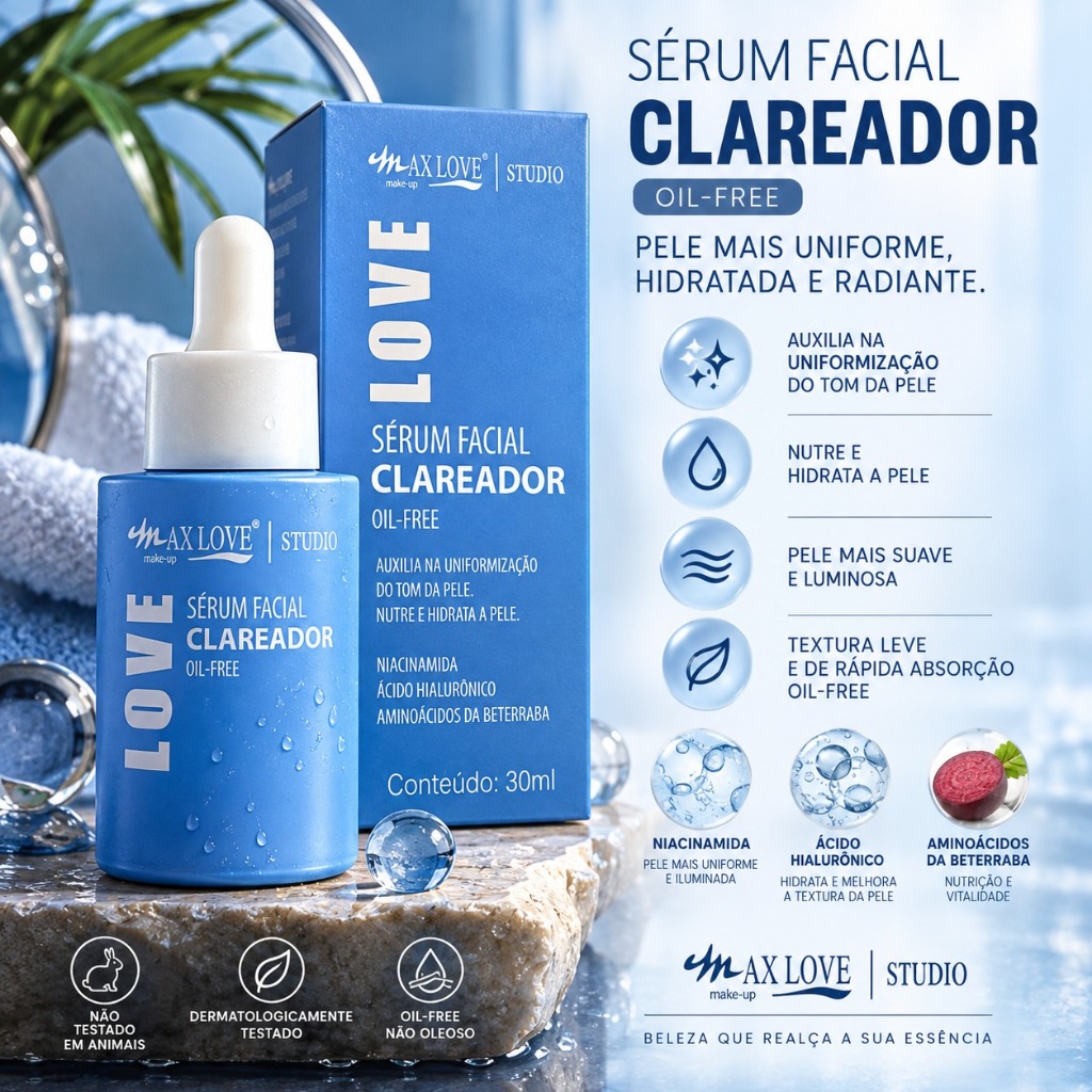 KIT 04 Serum Facial MAX LOVE 30ml: Clareador de Pele + Vitamina C