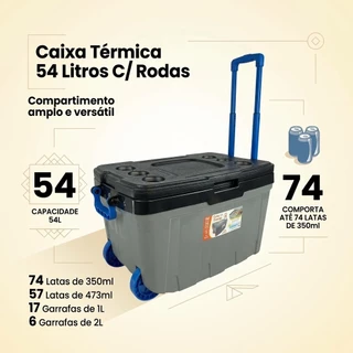 Caixa Térmica 54L com Rodinhas Cooler Grande 74 Latas Divisórias Praia Piscina Camping Pesca Churrasco