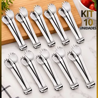 Kit com 10 Pegadores de Gelo Inox Premium Pinça para Utensílios de Bar Restaurante e Bebidas