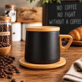 Caneca de Café Inox 280ml com Tampa e Base de Bambu Alça Amadeirada e Fundo Antiderrapante