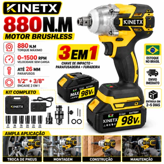 Chave De Impacto 880Nm Brushless Para Rodas Oficina E Construcao 2 Baterias Parafusadeira Com Maleta KINETX