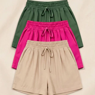 Kit 3 Short De Feminino Com Bolso Linho Praia Academia