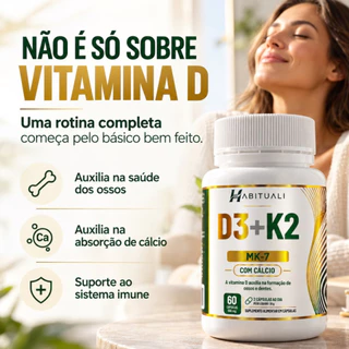 Vitamina D3 + K2 MK7 2000 UI + 120 mcg com Cálcio 60 Cápsulas - Habituali - Envio Imediato