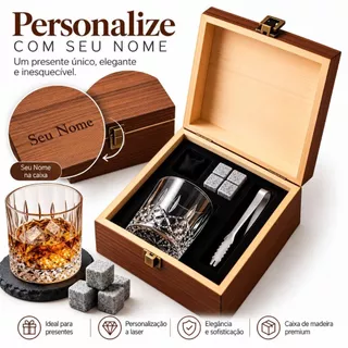 Kit Whisky Personalizado Copo com Pedras de Gelo Pinça Caixa de Madeira Presente