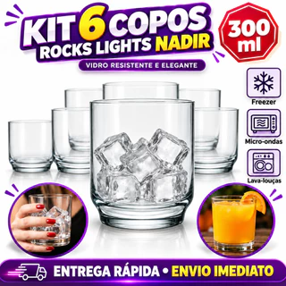 Kit Jogo de 6 Copos de Vidro Rocks Lights Nadir 300ml Resistente Cozinha Whisky e Coquetéis
