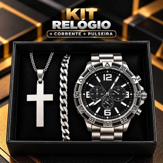Conjunto Luxo Relógio Masculino Aço Inox + Corrente Com Cruz e Pulseira Grossa Premium