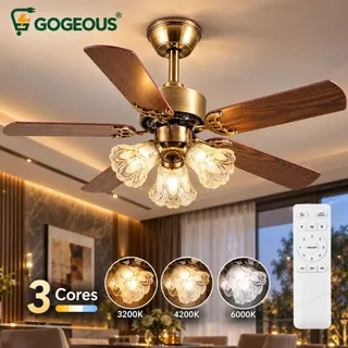 Ventilador de Teto LED 3 Cores Bivolt 110V-220V Controle Remoto 6 Velocidades Amadeirado