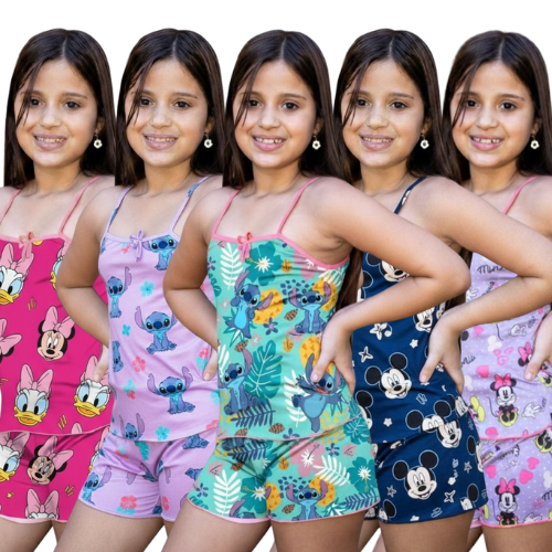 Kit 05 e 03 Pijama Infantil Menina - Short Doll Infantil Pijama do Stitch para crianças personagens em Oferta na Shopee