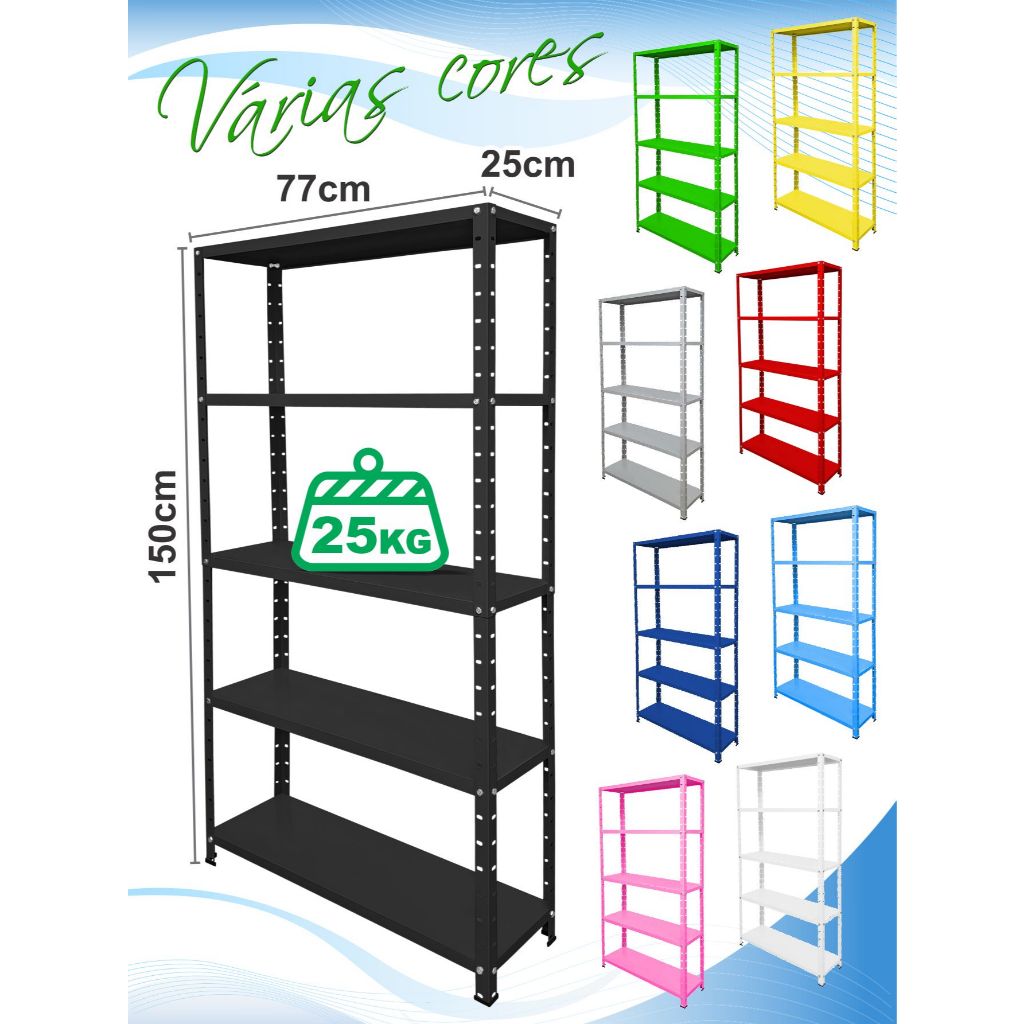 Estante de Aço com 5 Prateleiras Reguláveis de 25x77cm Multi
