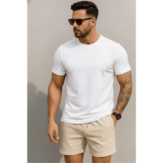 Kit Conjunto Camiseta 100% Algodão + Short Linho Mauricinho Verão Praia Confortável