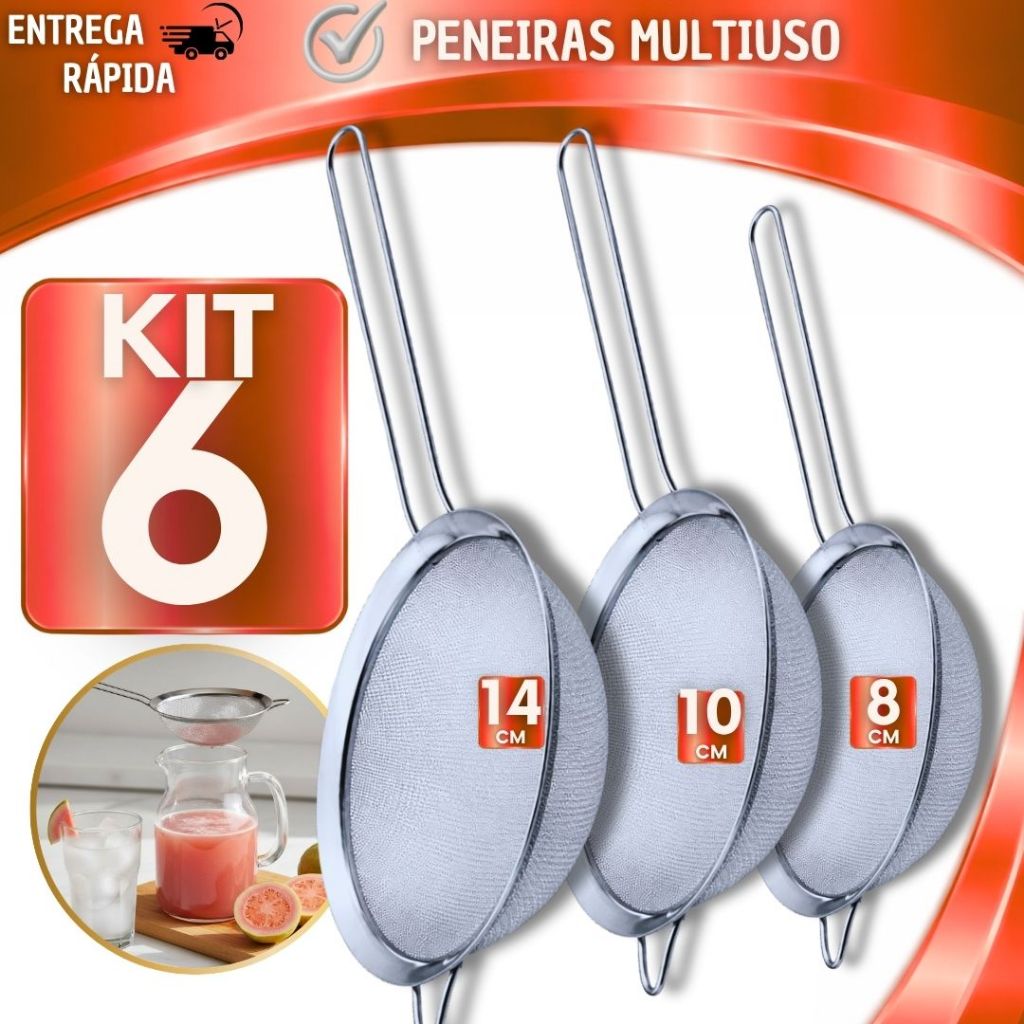 Peneira Inox Profissional 3 ou 6 Unidades 8 10 14cm Padaria 