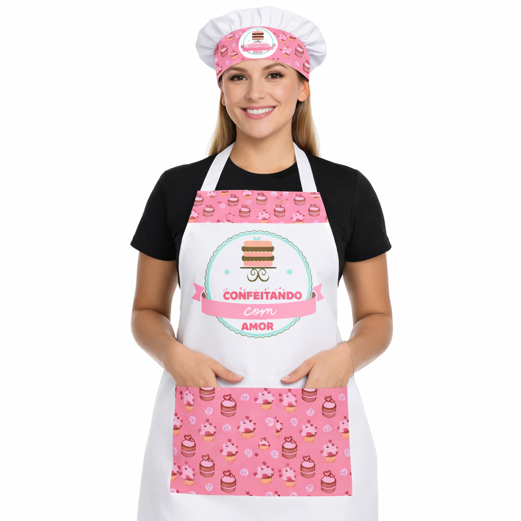 Kit Avental E Touca Confeitando Com Amor Envio Rápido