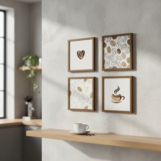 Kit 4 Quadros Decorativos Cafézinho Xícara Grãos Para Cantina Sala Cozinha Lindo E Fofo