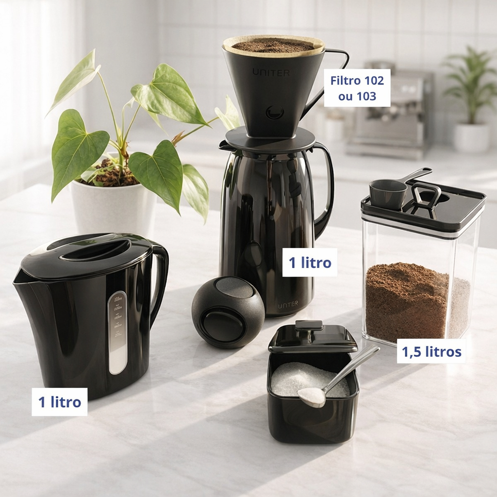 Kit Café Super Prático Garrafa Térmica 1L Açucareiro Suporte Filtro Unitermi 7pçs