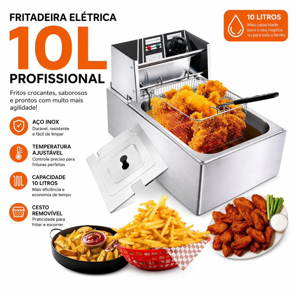 Fritadeira Elétrica Industrial 10L Aço Inox 110V 220V Alta P