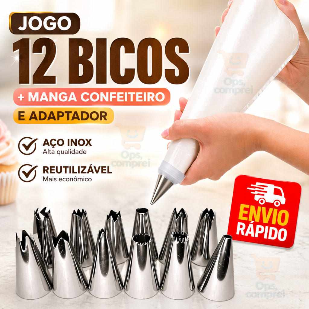 Jogo de 12 Bicos de Confeitar com Adaptador Decorar Bolo