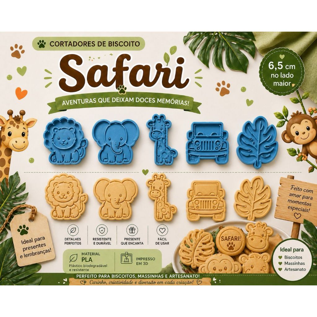Kit 5 cortadores e 5 carimbos marcadores tema Safari para bi