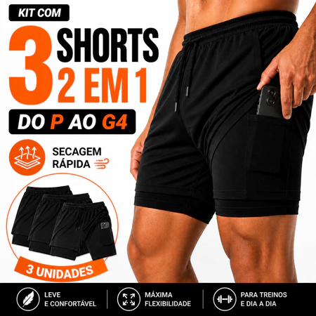 Kit 3 Shorts Masculino P ao G1 Dryfit 2 em 1 Ideal Para Corrida Musculação Tecido Com Elastano