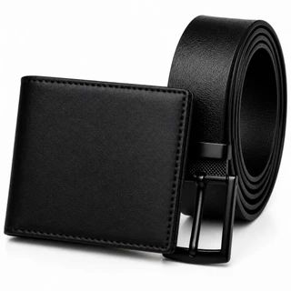 Kit Carteira Masculina Couro P.U Lisa + Cinto Couro Montana Fivela Preta