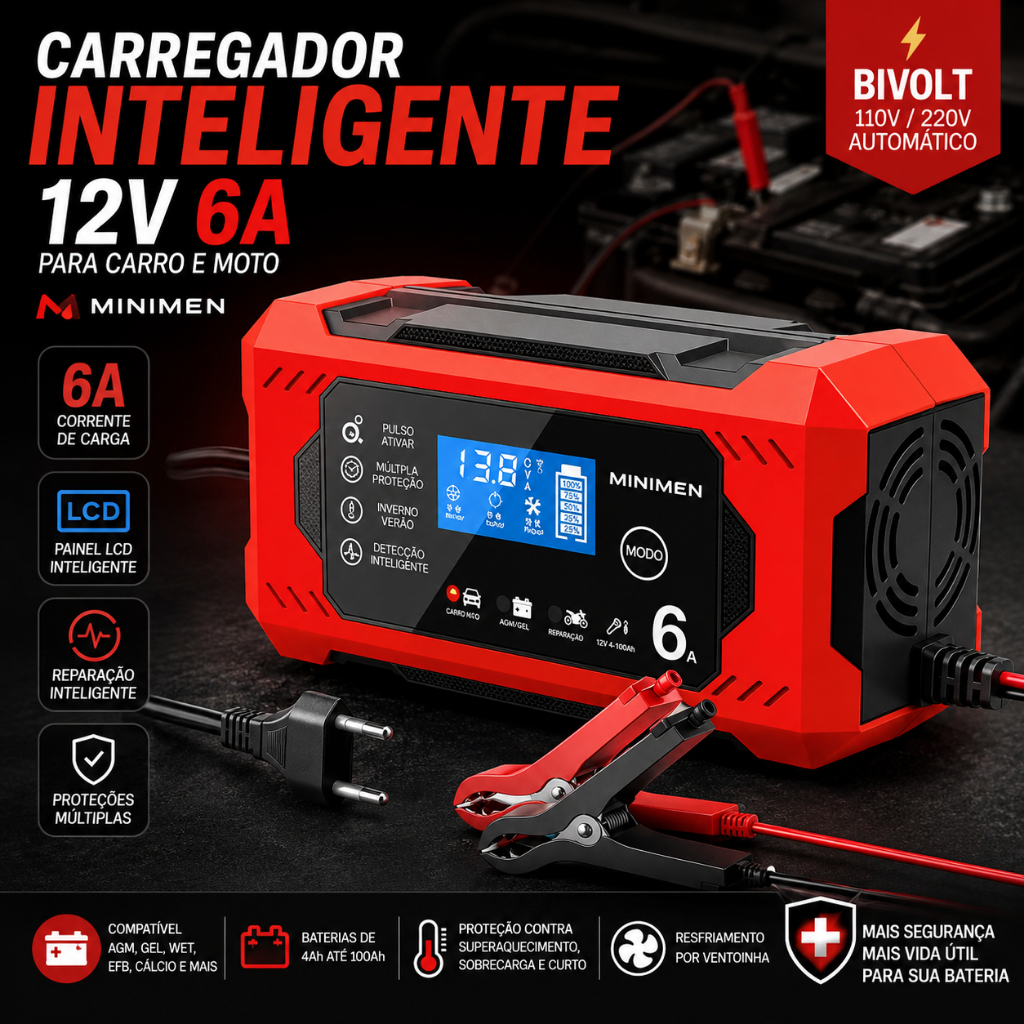 Carregador Bateria Inteligente 12V 6A Minimen Carro Moto Bivolt LCD Recuperação AGM GEL