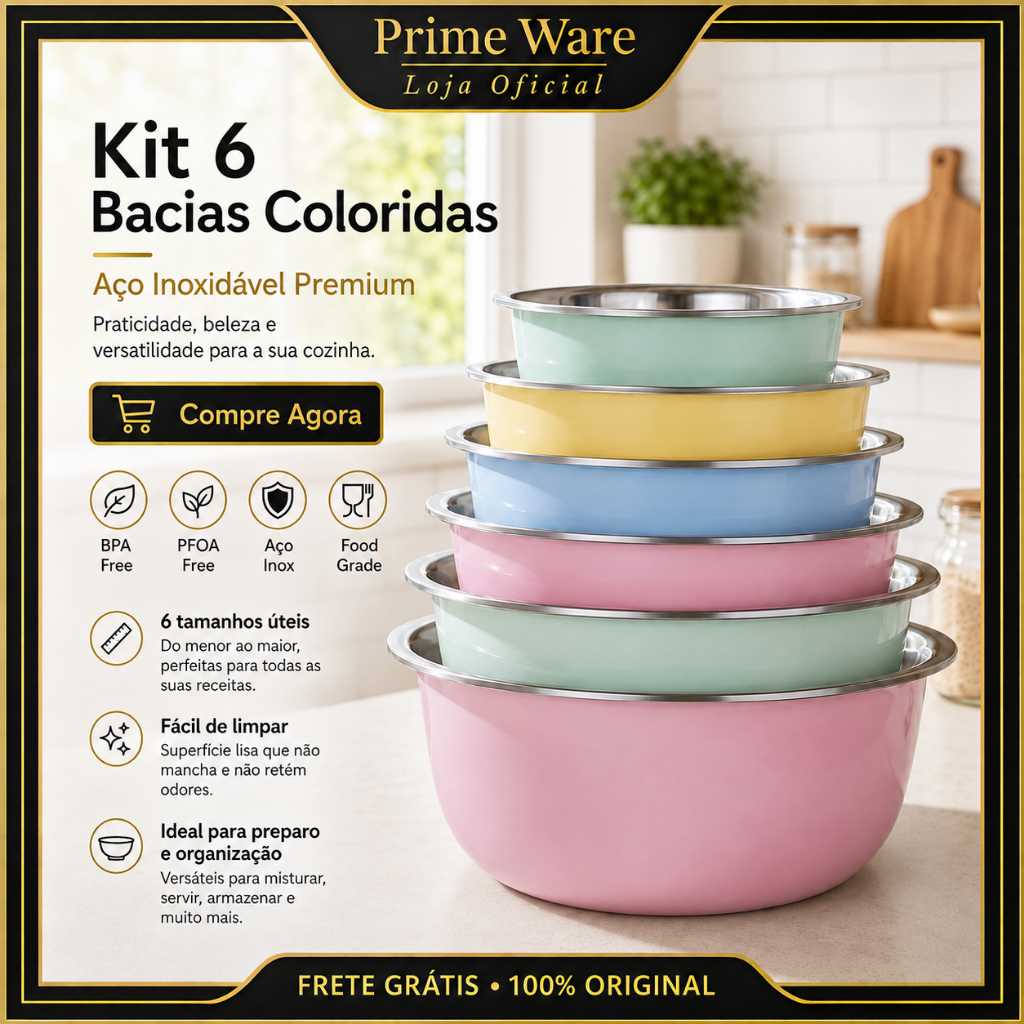 Kit 6 Conjunto Tigelas Bowl Inox Cozinha Tamanho 18-28cm Bac